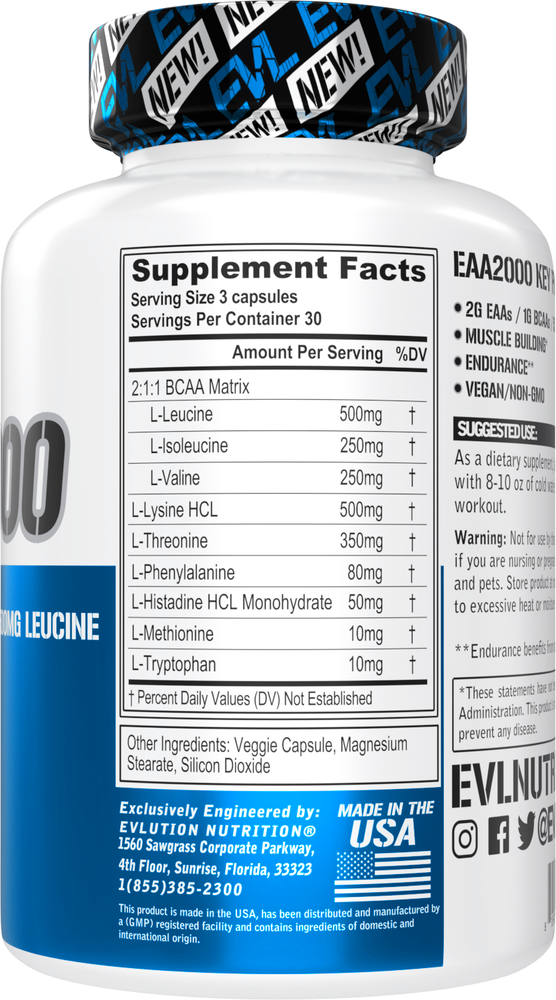 Evlution Nutrition EAA2000 - 2g Essential Amino Acids - 30 Servings