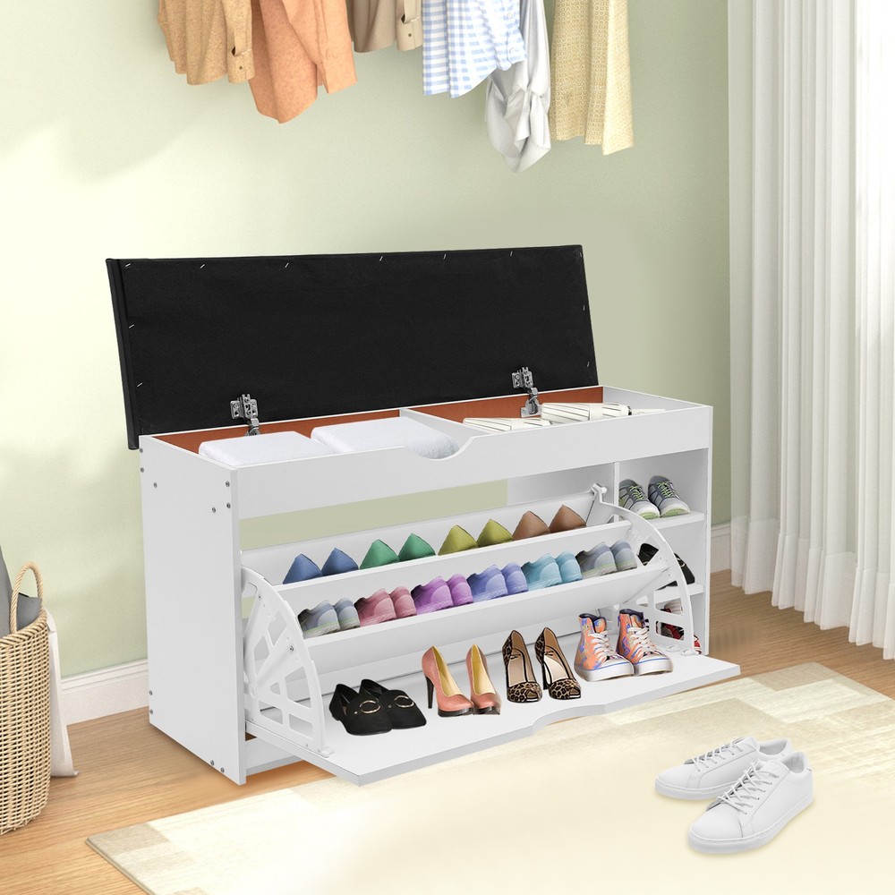 Space-Saving Triple-Fold Shoe Rack with Bench, Warm White, Entryway Storage