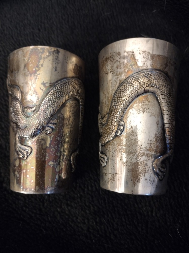 2 Chinese Export Silver Dragon Beakers KMS c1890