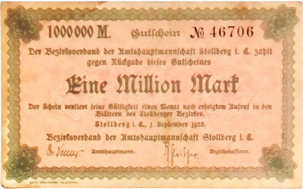 1923 Germany STROLLBERG 1000000 / 1 Million Mark Banknote