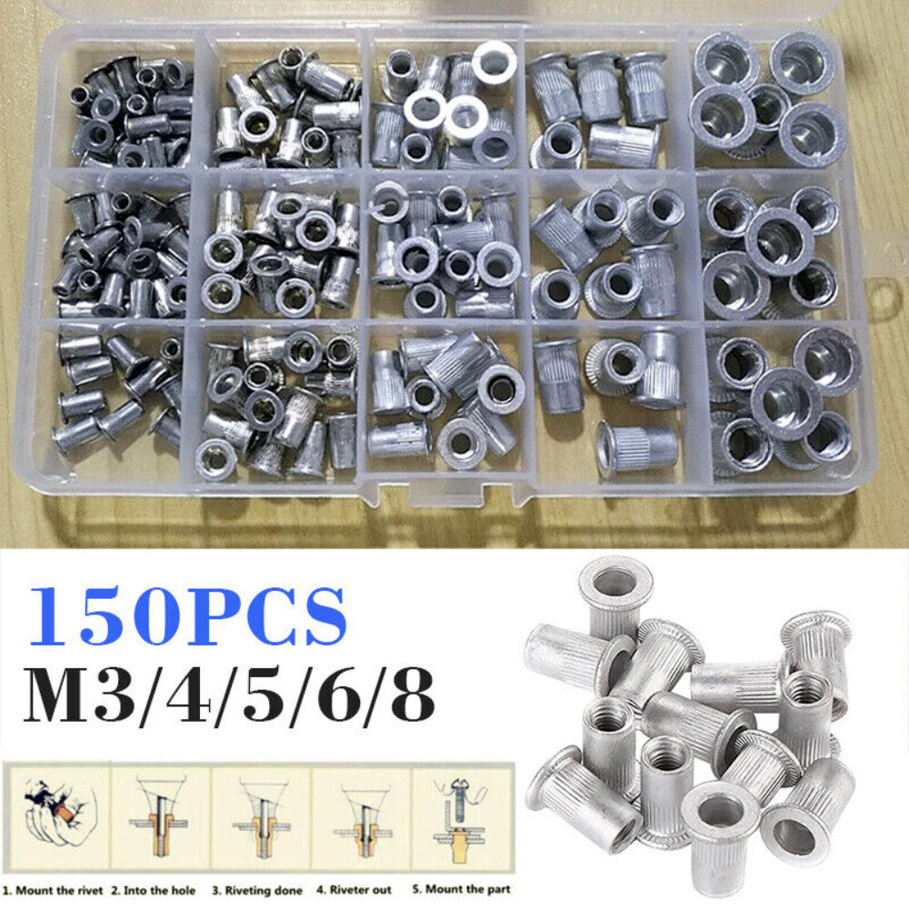 150Pcs RIVET NUT Flat Head Threaded Insert Aluminum Rivet Nutsert Set Kit