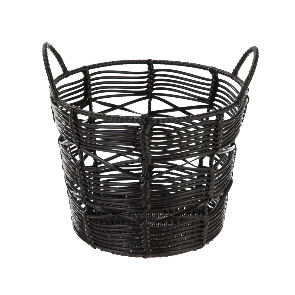 9" Plastic Round Black Abstract Basket W/ Handles