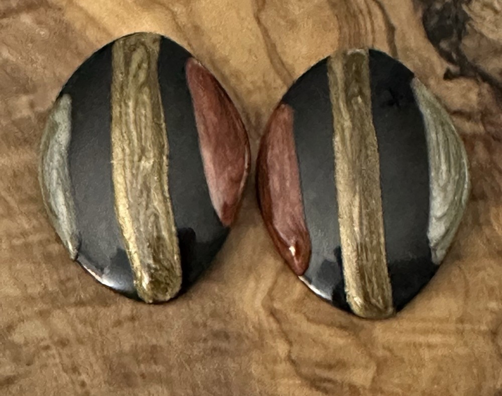 Vintage Oval Striped Black & metallic Enameled Stud Statement Earrings