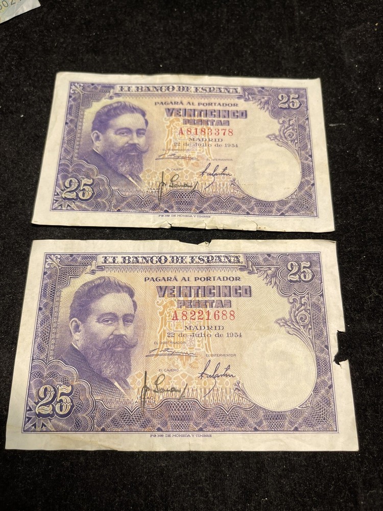 1954 Spain 25 Pesetas 2 Banknotes Lot