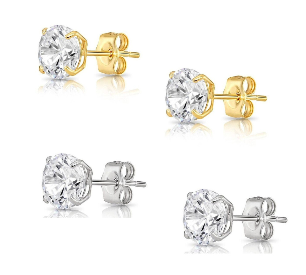 14K Solid Yellow/White Gold Round CZ Stud Earrings Basket Setting 2-10mm
