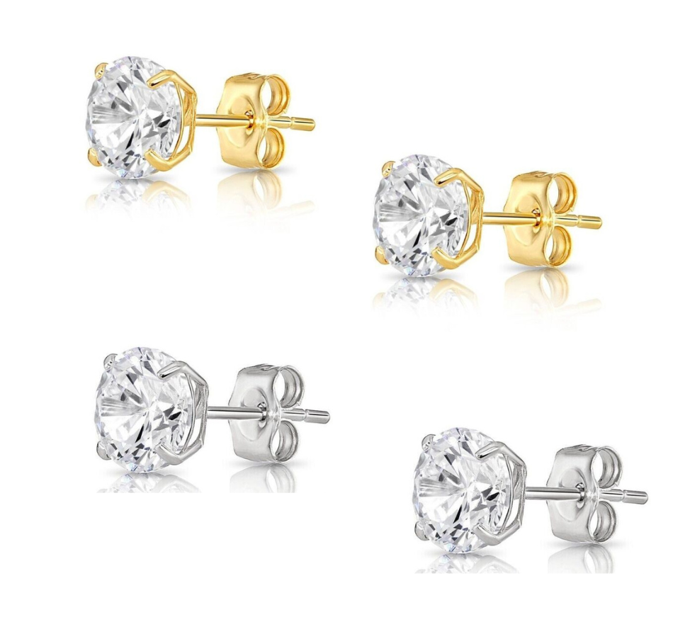 14K Solid Yellow/White Gold Round CZ Stud Earrings Basket Setting 2-10mm