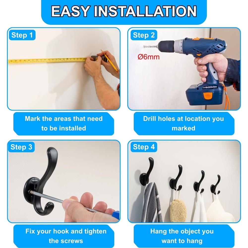 Coat Hooks Wall Mount, Hooks for Hanging Heavy Duty, Double Hook Wall Mounted...