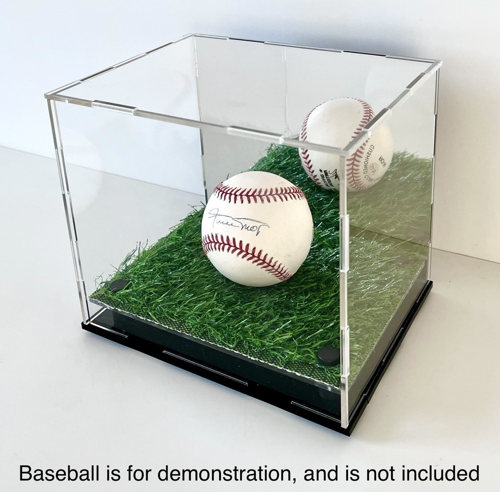 2-Pack! NEW Baseball Display Case Cube w/ Artificial Turf Grass and Back Mirror