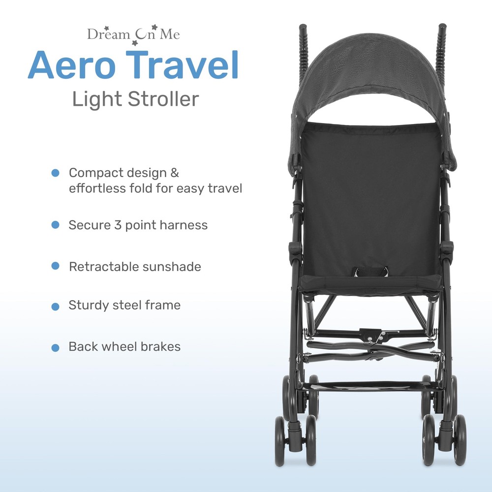 Dream On Me Aero Travel Light Stroller Compact Secure Smooth Ride Black
