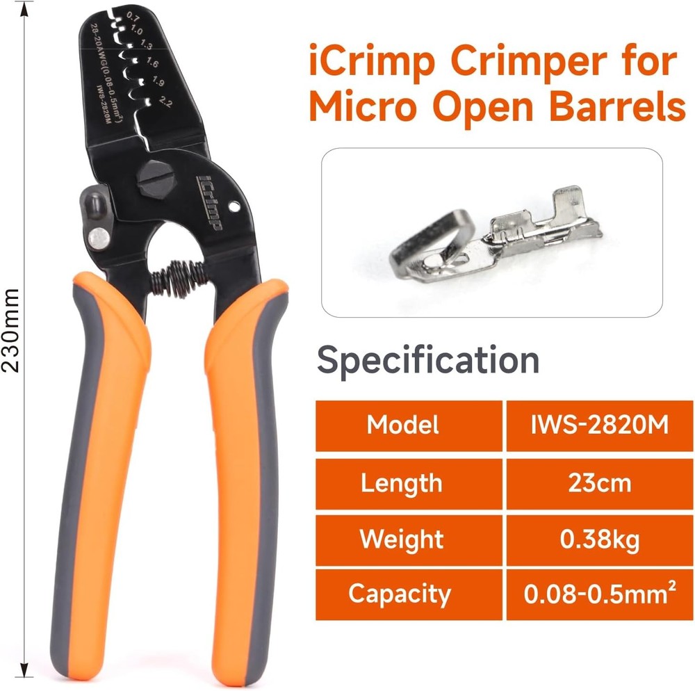 Icrimp Mini Micro Open Barrel Crimping Tools Works on AWG28-20 JAM, Molex, Tyco,