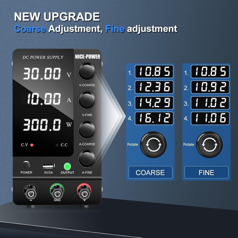 Regulated DC Power Supply 30V 10A: 4-Digit Display, USB, Stable Output Switch