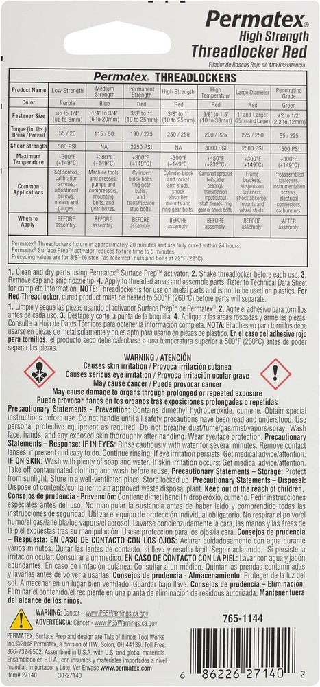 Permatex 27140 High Strength Threadlocker Red, 36 ml