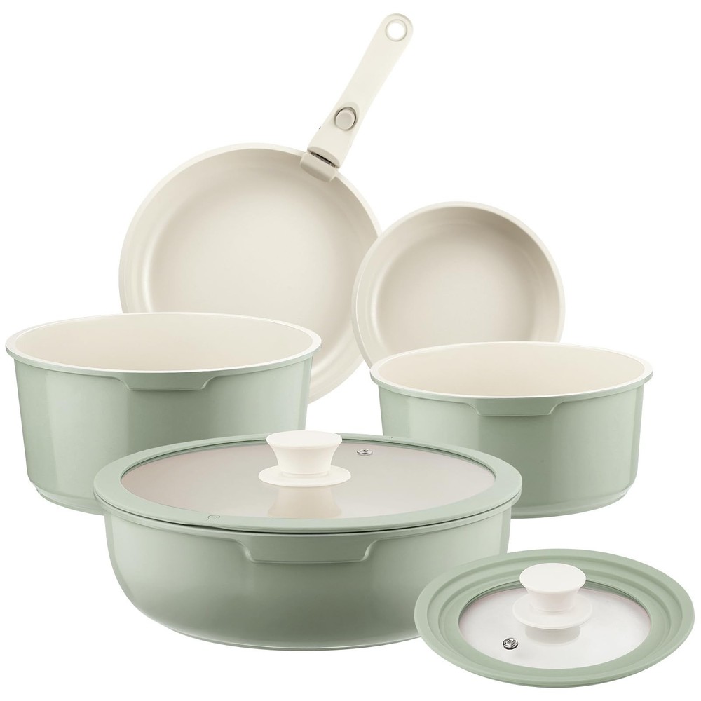 Ceramic Pots and Pans Set Non Stick Green, 8 Pcs Nonstick Cookware Set with D...