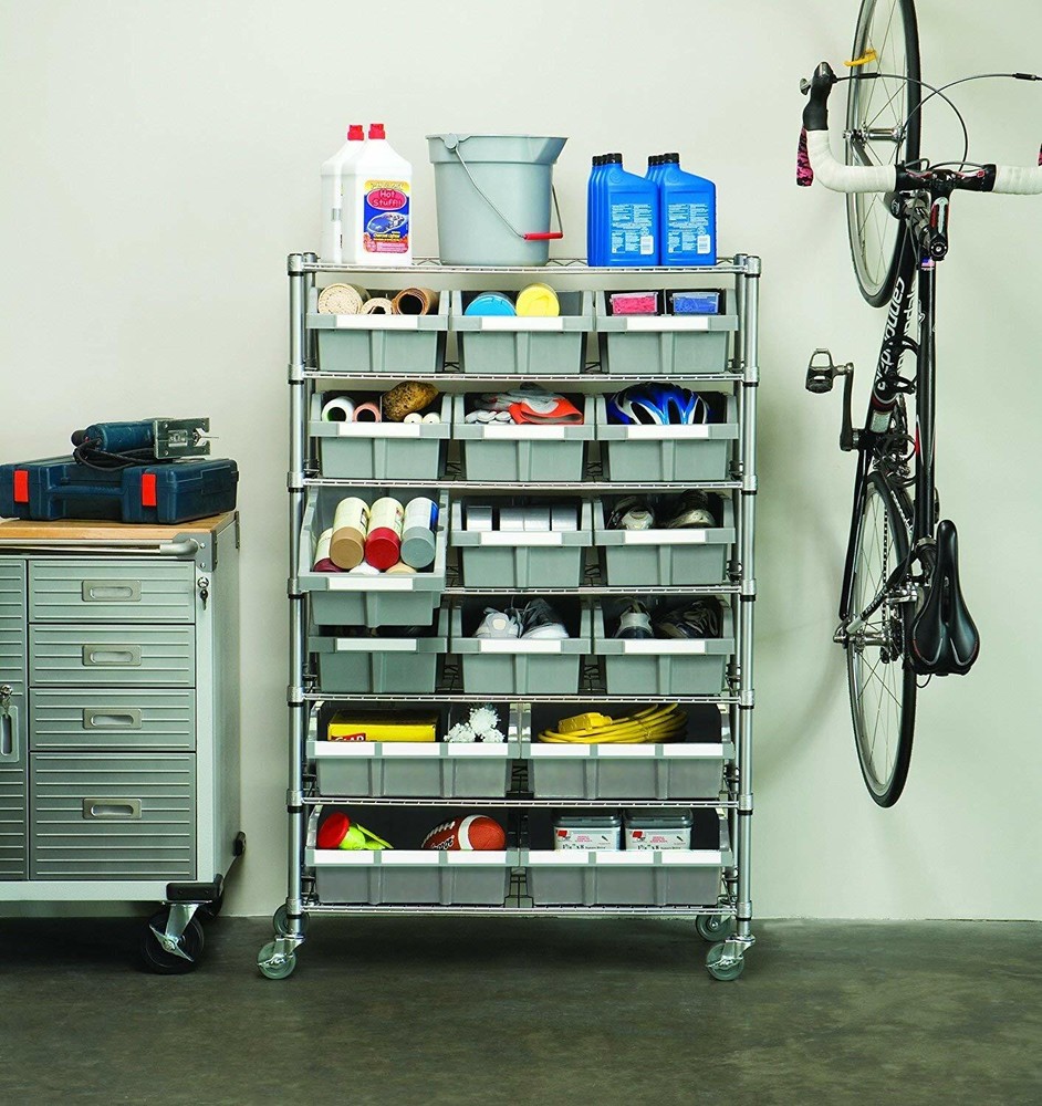 Shelf Storage System With Bins Garage Pantry Shed Tool Organizer with Wheels Big