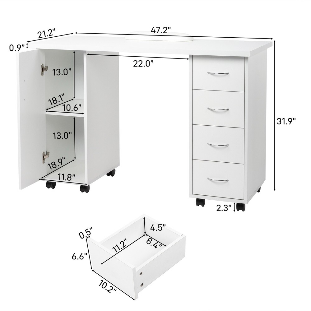 Rolling Computer Desk - White, 4-Drawer, 2 Shelves Storage & MDF ​Nail Table​