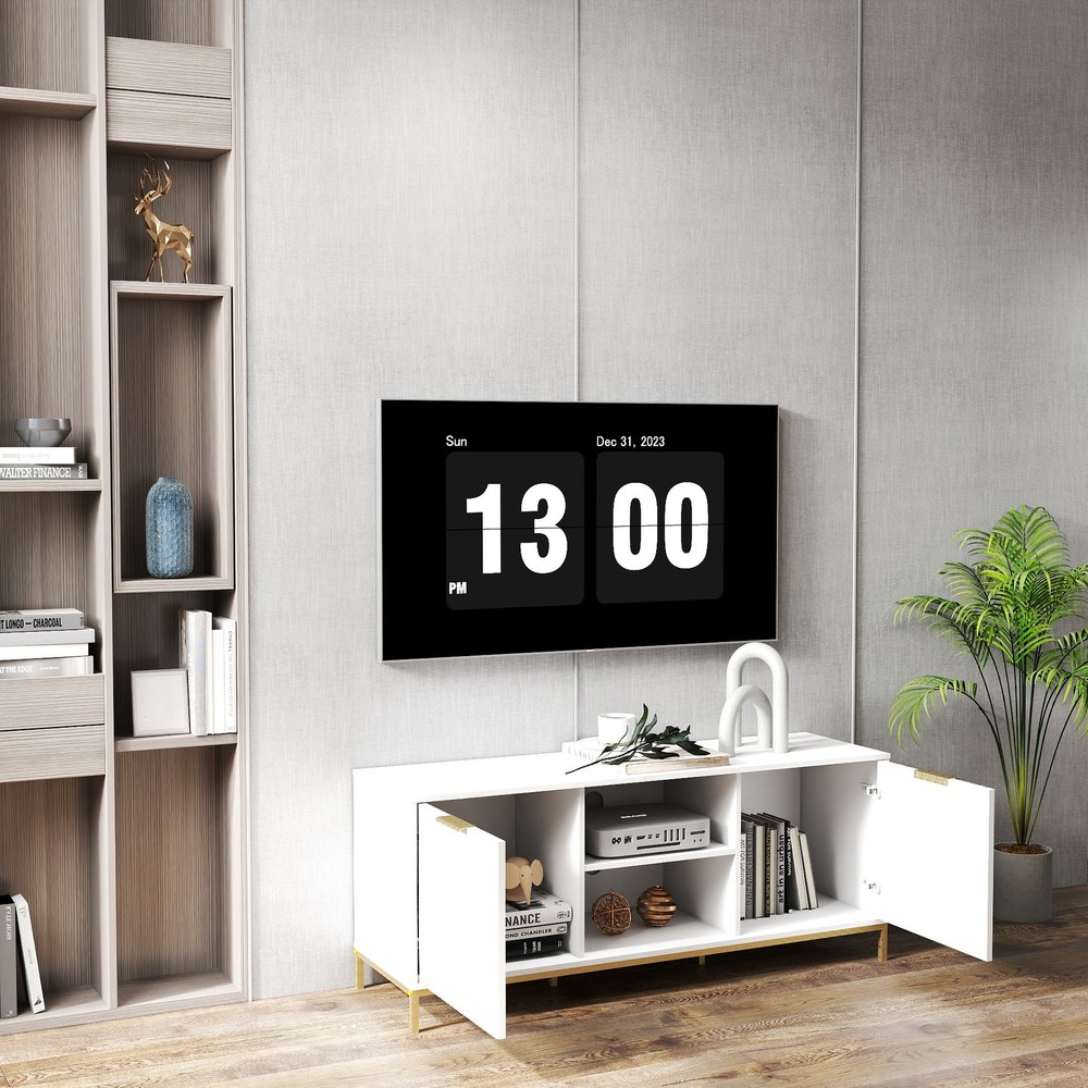 Modern TV Stand with Wave-Design Doors, Open Shelf & Adjustable