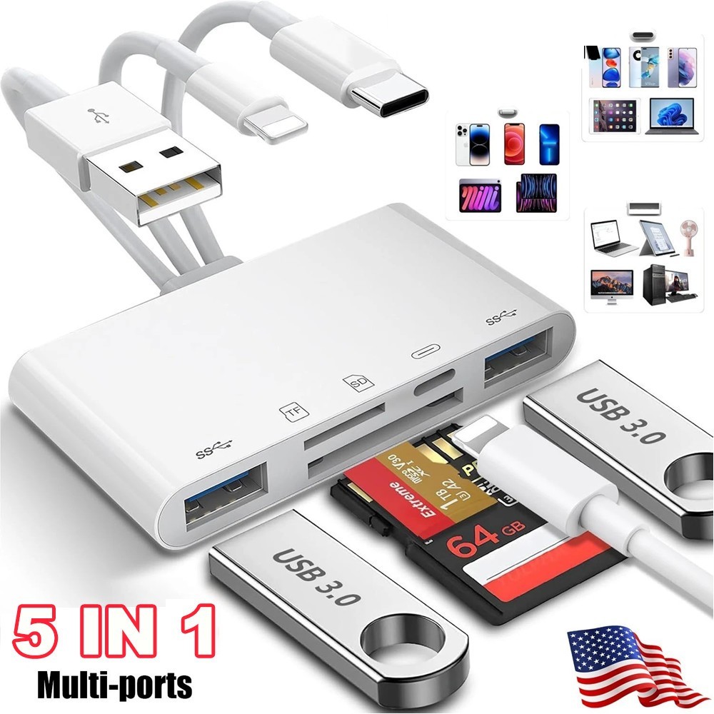 USB 3.0 5-in-1 Memory Card Reader OTG Adapter – SD, microSD, USB-C & Lightning