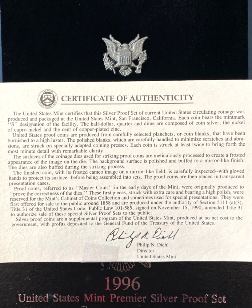 1996 U.S. Premier SILVER Proof Set-Display Case/COA-Sell for SILVER MELT VALUE