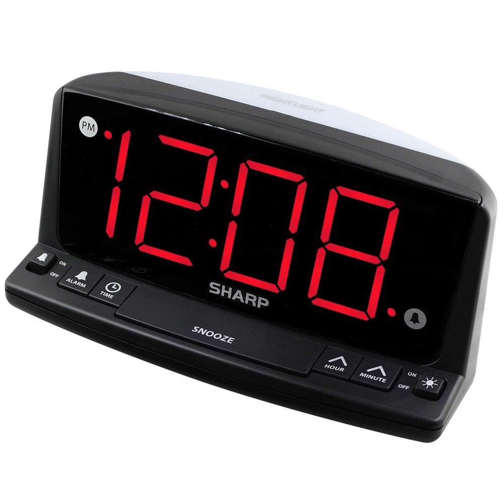 Sharp LED Digital Alarm Clock – Simple Operation - Large, Black - Red Led