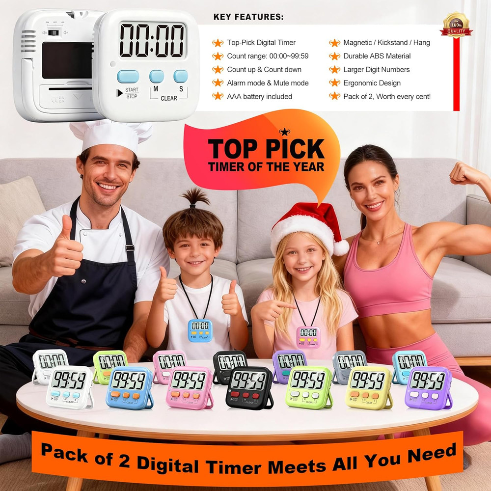 2 Pack Digital Timer for Kids, Magnetic Countdown Kitchen Timers for Cooking, Eg
