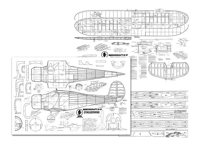 Beechcraft D-17 Staggerwing 56" Wing RC Model Airplane Printed Plan &Templates