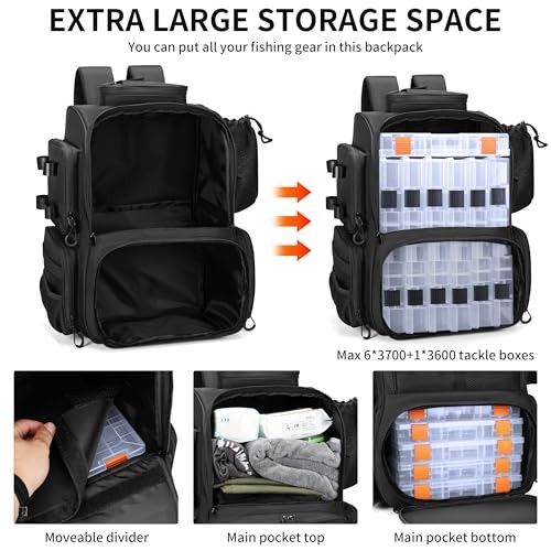 Fishing Tackle Backpack Standard size include 4 tackle boxes 1600D nylon Black