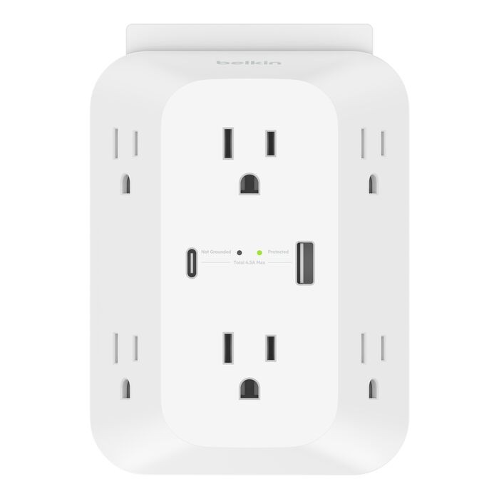 6 Outlet Wall Surge Protector with USB-C and USB-A, White