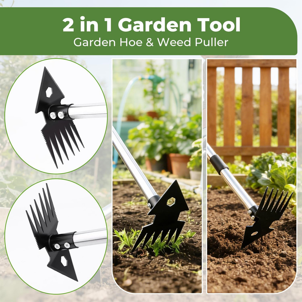 2-In-1 Weed Puller Tool,Dual-Head Garden Hoe Weeder Tool with Long Handle,Heavy