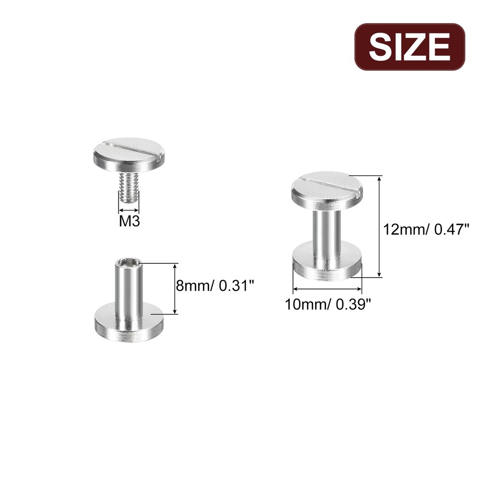 30Pack Brass Chicago Screws, 8x10mm Post Nail Stud Rivets, Silver