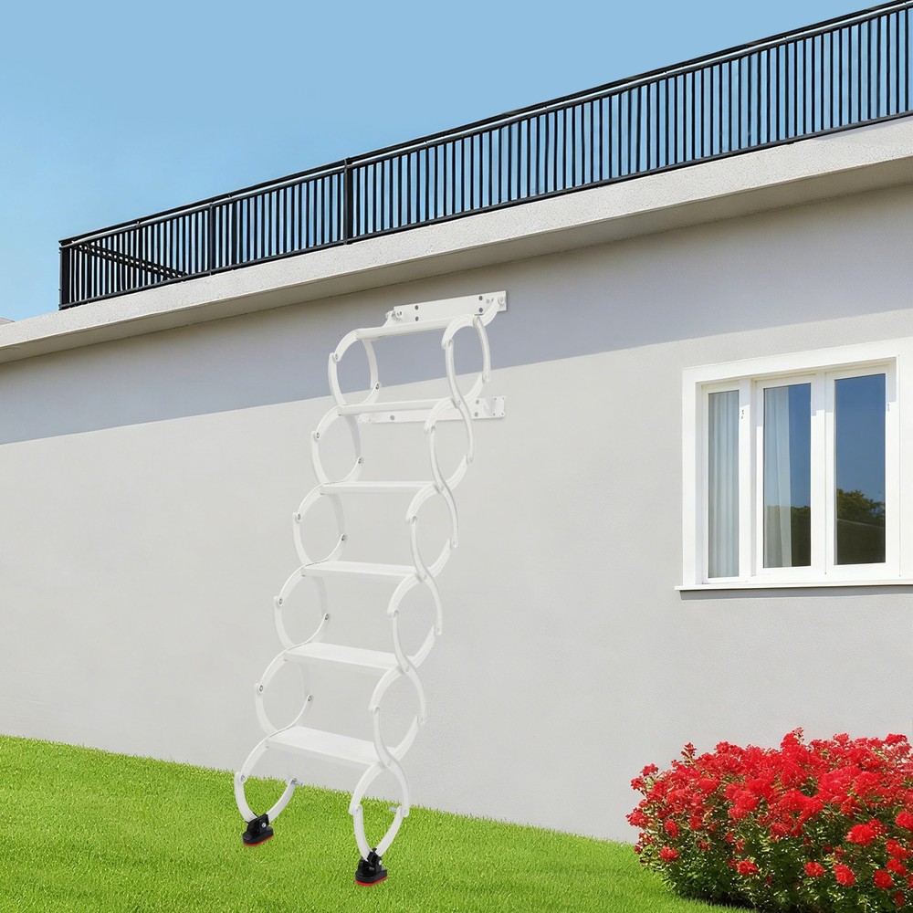 Wall Mounted Folding Ladder,White Step Ladders,6-Steps Retractable Folding Stair
