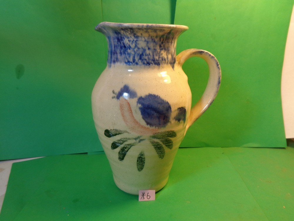 Studio Pottery 8 1/2" Pitcher, Bird Pattern, Signed (Used/EUC)