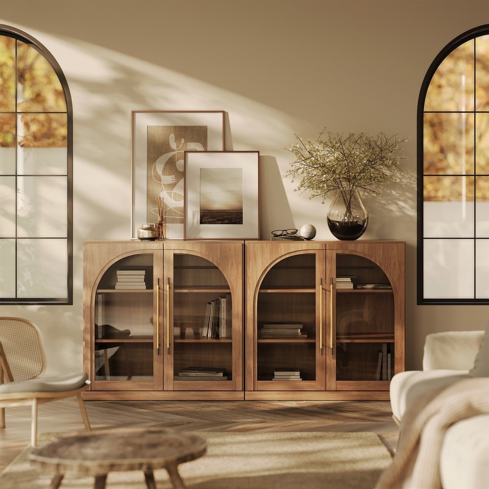 Set of 2 Modular Sideboard with Storage, Camel/ Ebony