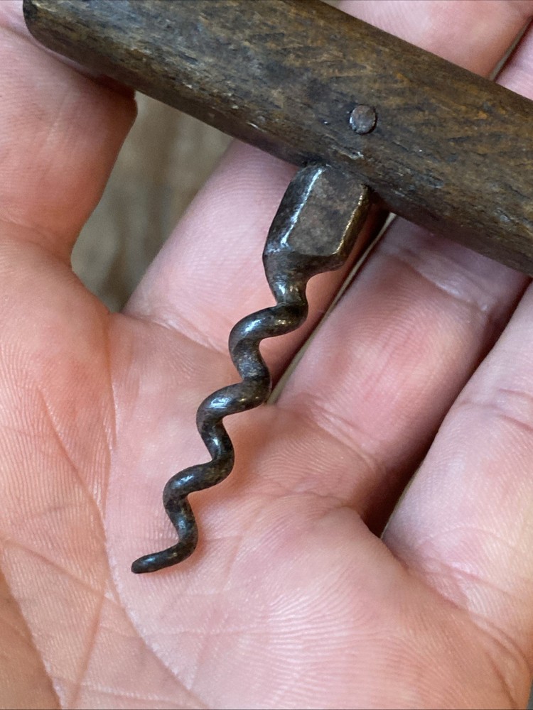 Small 19th Century Primitive Wooden Handle Direct Pull Corkscrew Antique 1800s