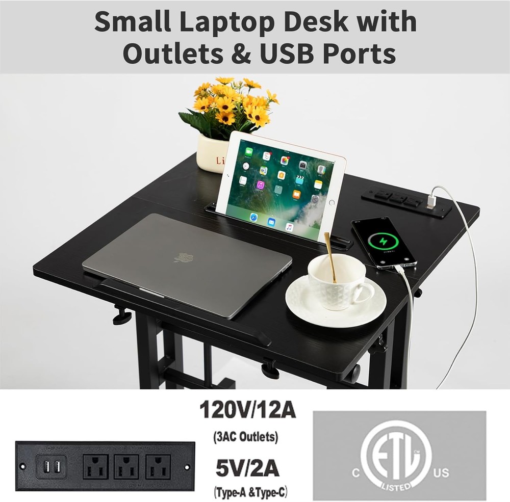 Mobile Standing Desk W/ Charging Station Adjustable Standing Computer Desk