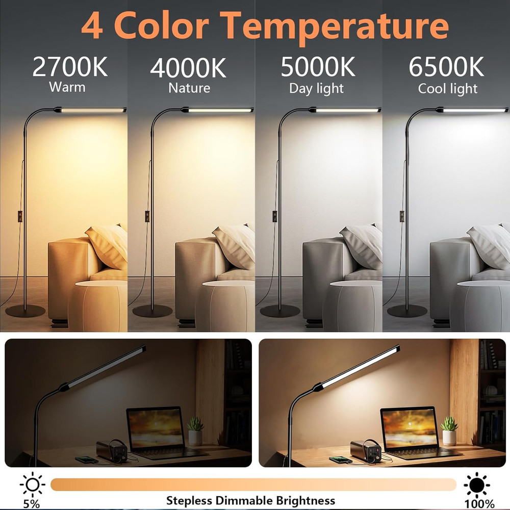 LED reading study light with 4 color dimming adjusting angle floor standing lamp