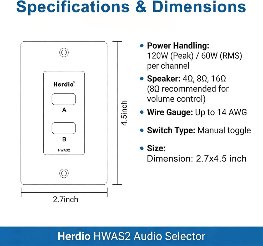Herdio in-Wall 2 Channel Speaker Selector Switch Home Audio Speakers Controller