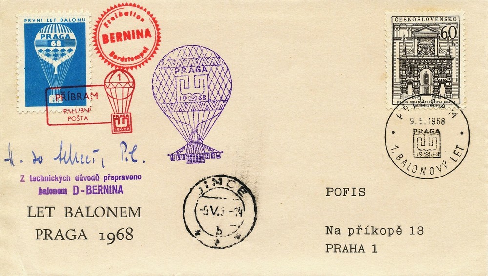 CZECHOSLOVAKIA 1968 superb PRAGA BALLOON FLIGHT (PRIBRAM) PILOT (Scheer) SIGNED