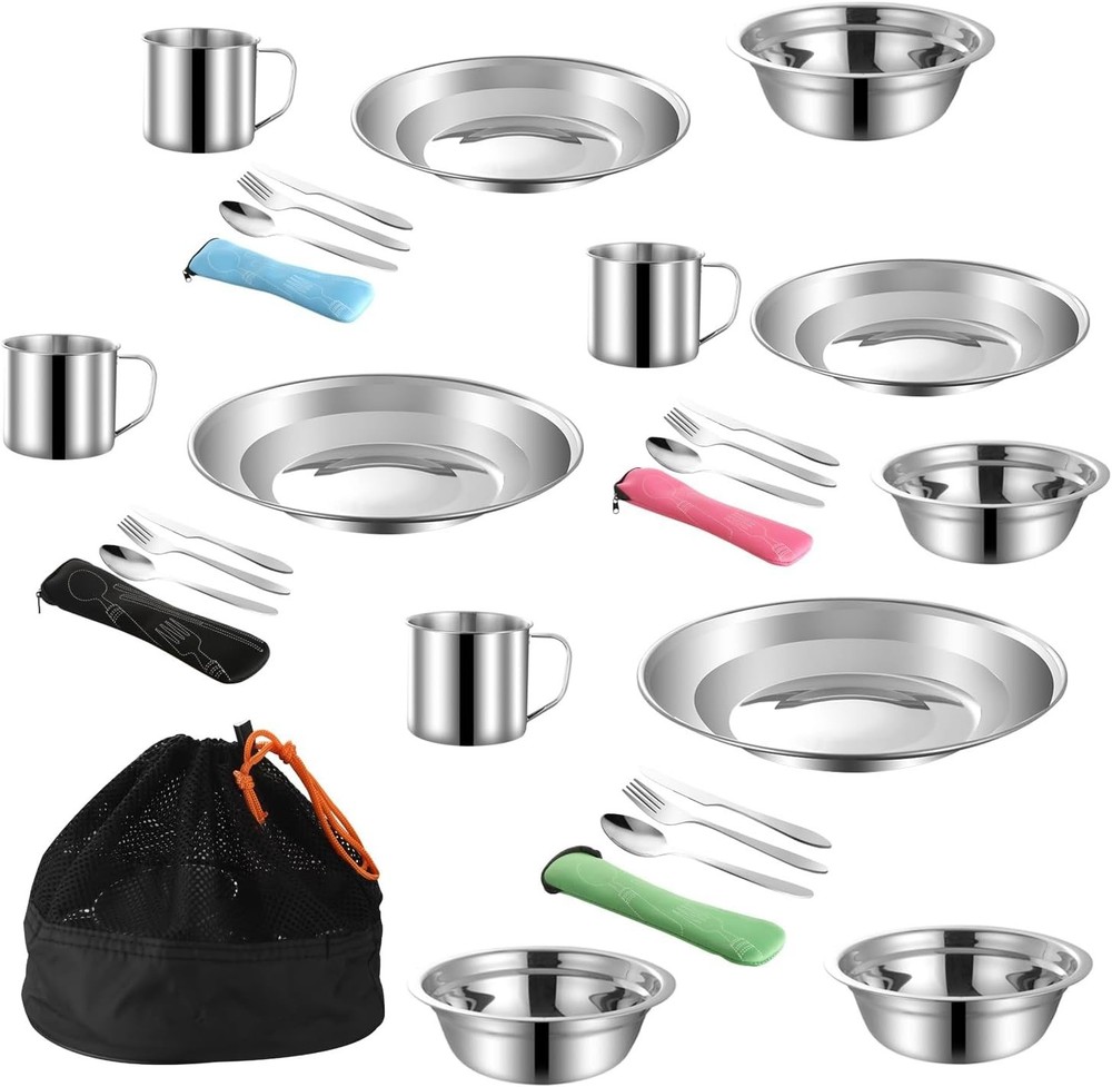 Outdoor Camping Mess Kit, Stainless Steel Tableware Mess Kit Includes Plate B...