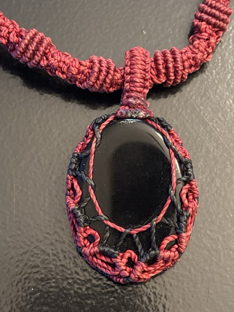 Handmade Macrame Necklace Black Onyx Stone Pendant Red Cord Boho Statement