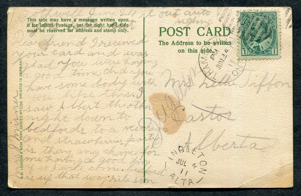 Alberta Split Ring Town Cancel Postcard "INGLETON"