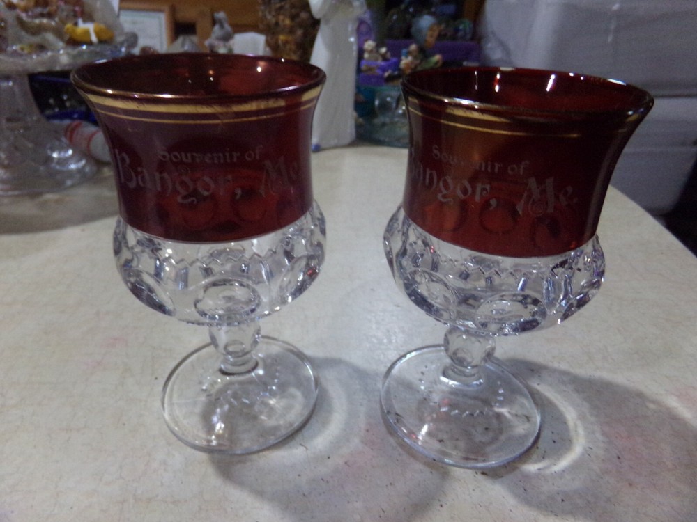 2 Tiffin EAPG Kings Crown Thumbprint Ruby Flashed Bangor Maine Souvenir Goblets