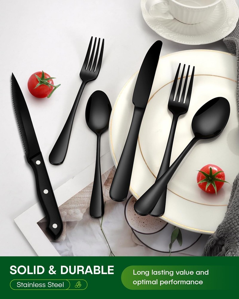 Black Silverware Set, 48 Piece Flatware Set, Stainless Steel Mirror Flatware