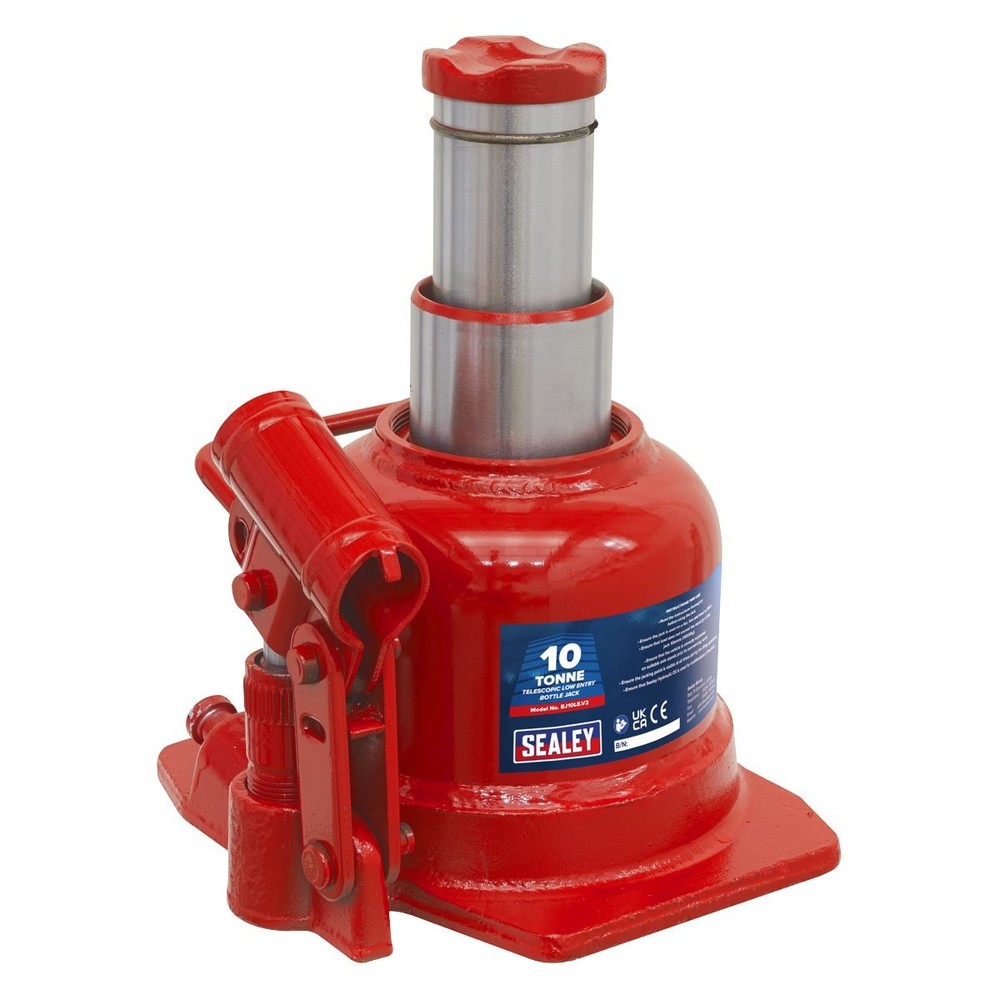 Sealey Bottle Jack 10tonne Low Entry Telescopic Overload Valve 4pc Handle