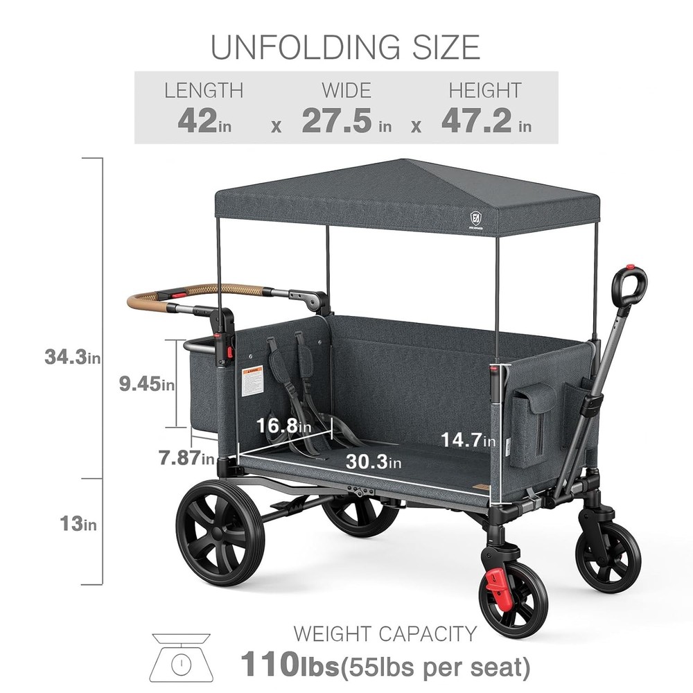 EVER ADVANCED Side-Unzip Stroller Wagon for 2 Kids Double All Terrain Push Pull