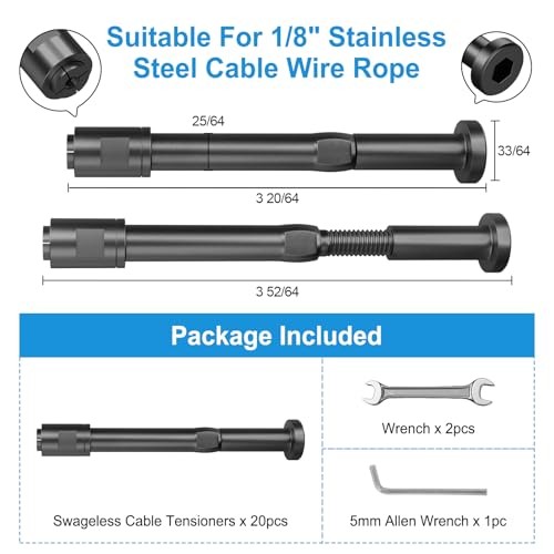 20Pack 1/8" Swageless Cable Railing Tensioners, Black Cable Railing Kits for