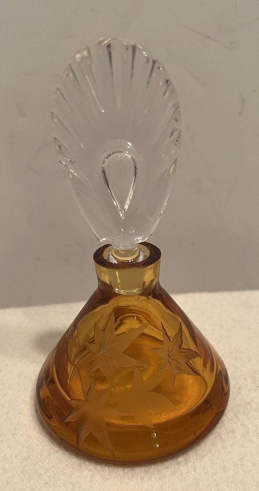 Art Glass Perfume Bottle  Amber Etched Leaf Pattern Signed