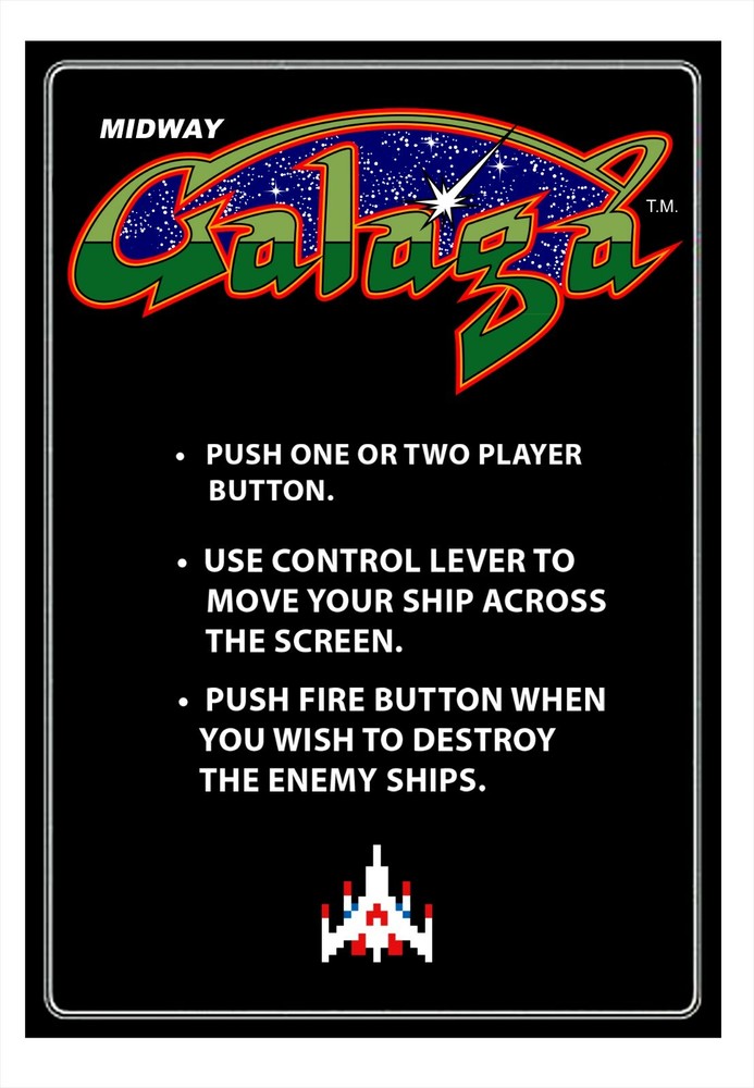 Galaga Arcade Instructions Card Sticker Decal