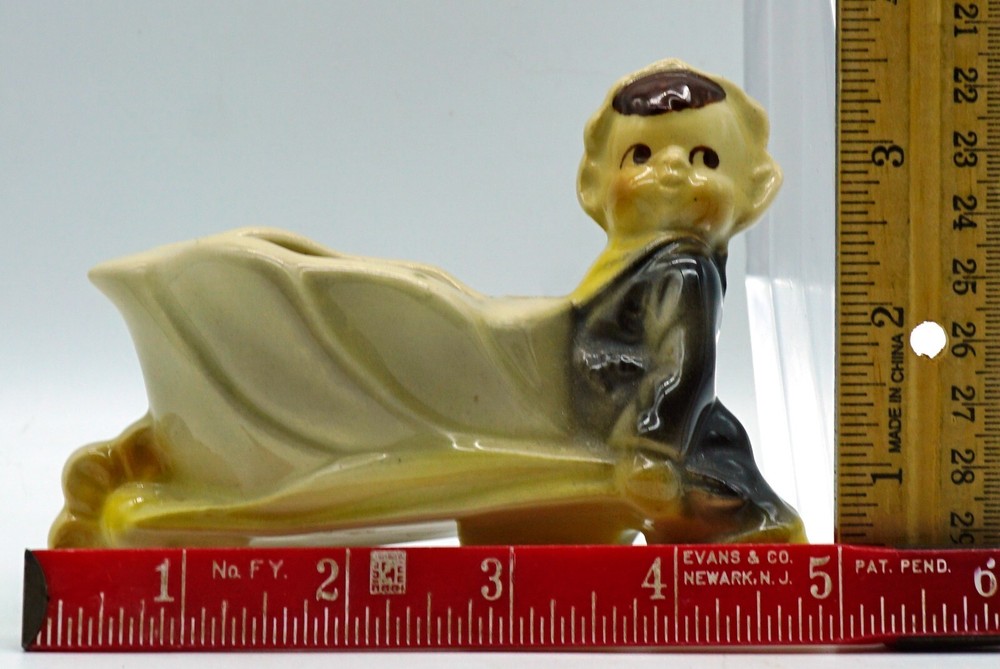 Vintage Ceramic Shawnee Pixie Elf with Flower Leaf Wheelbarrow Pottery Planter