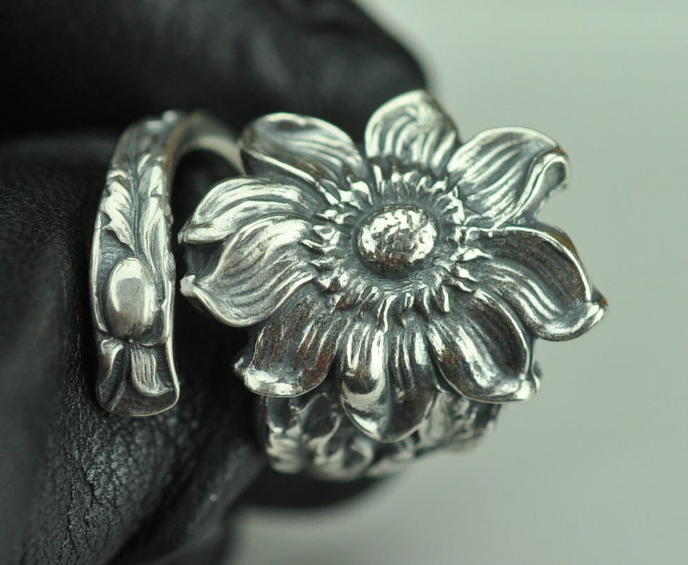 Solid 925 Sterling Silver Large Daisy Flower Floral Adjustable Spoon Ring