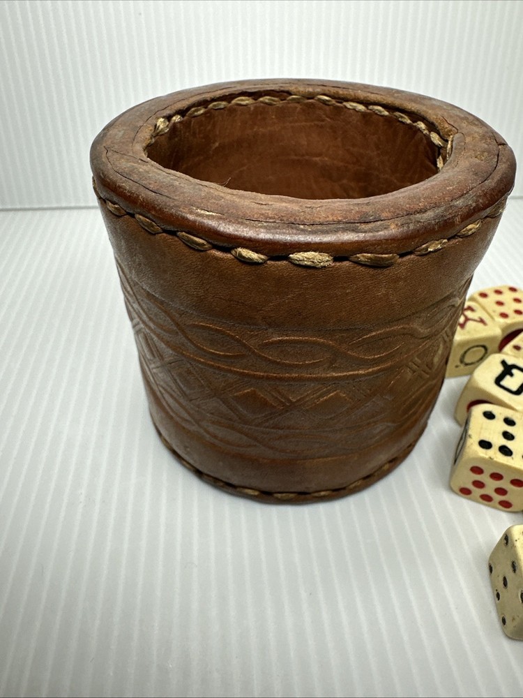 Vtg Leather Dice Cup & Spanish Poker Dice